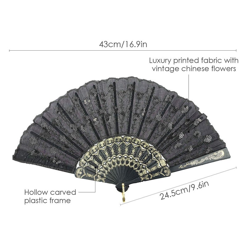 INNOLIFE Elegant Embroidered Flower Peacock Pattern Sequin Fabric Folding Handheld Hand Fan Hand-Crafted (Black) - Image 2